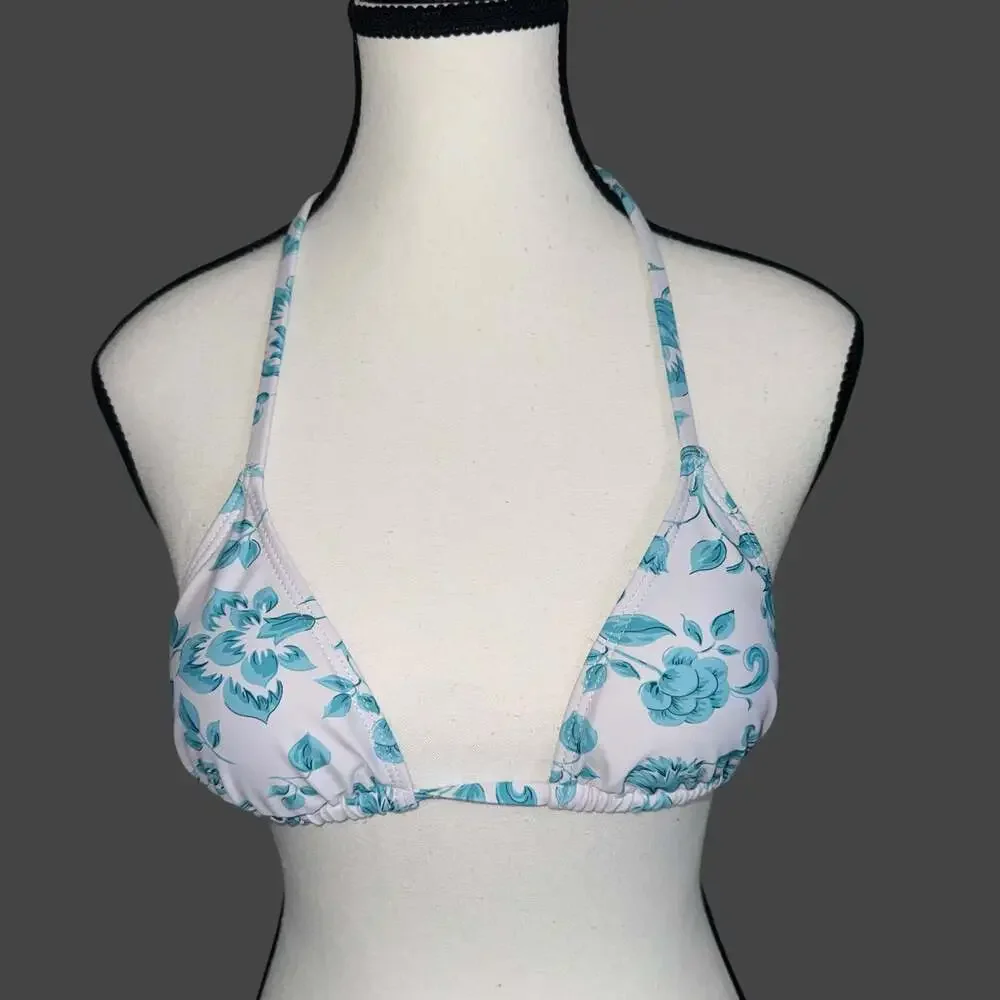 Floral Print Halter Neck Triangle Bikini Set Blue White XS